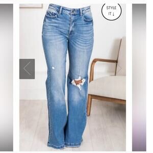 Pink Lily Kara high rise flare jeans light wash distressed boho stretch